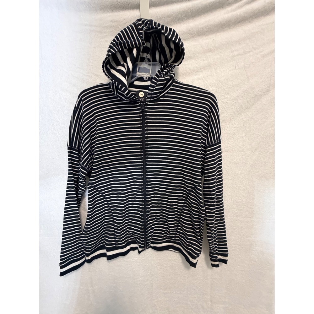 Jones New York Sport Womens Black White Striped Full Zip Cotton Hoodie Jacket